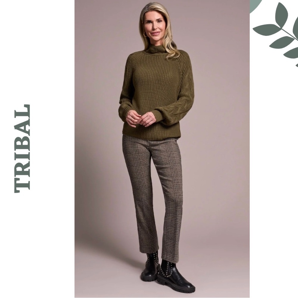 Tribal Olive Cable Knit Turtleneck Sweater Cotton Extra Large